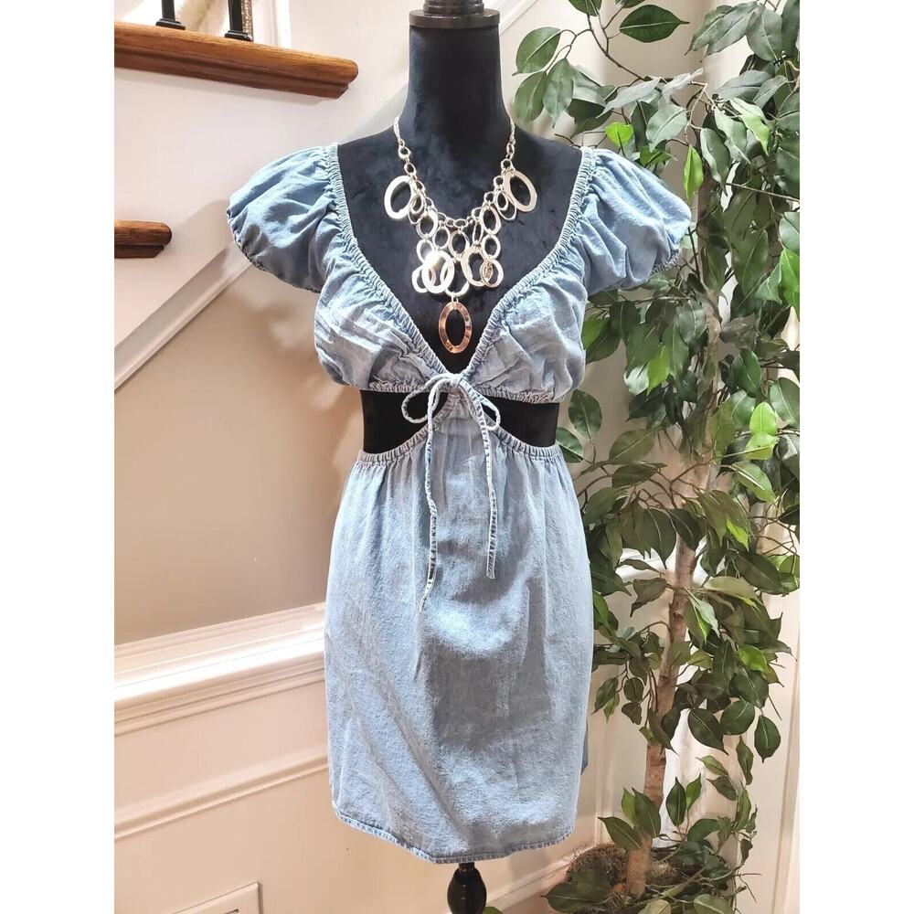 Aeropostale Women's Blue Cotton Sweetheart Neck Short Sleeve Knee Length Dress L